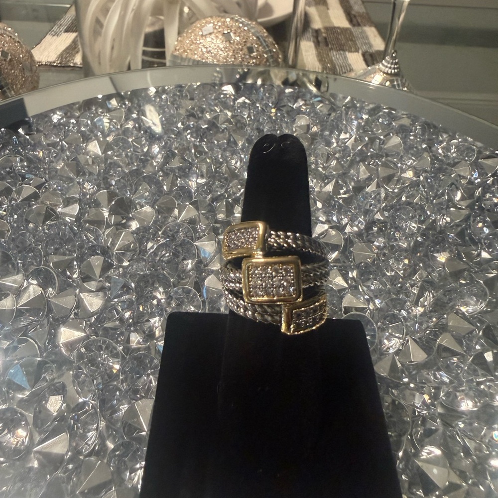 Designer Inspired Two Tone Cable Wrap Ring Pave C… - image 2